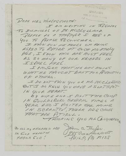 Letter from John Taylor to Helene Wohlgemuth