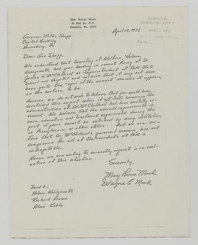 Letter from Mary Mook to Milton Shapp