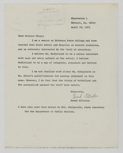 Letter from Sarah Elliston to Milton Shapp