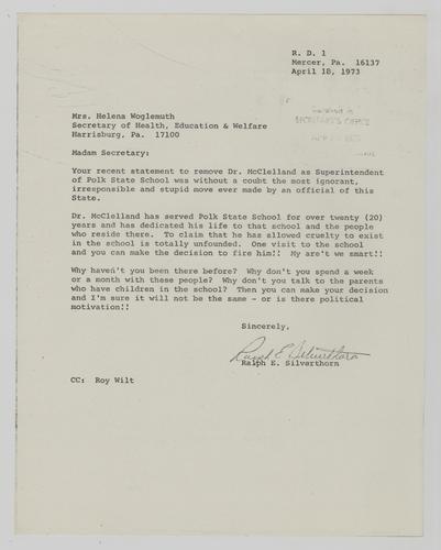 Letter from Ralph Silverthorn to Helen Wohlgemuth