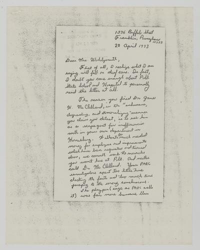Letter from William Collins to Helene Wohlgemuth