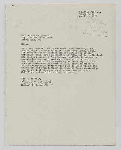 Letter from Michael Ihlenfeld to Helene Wohlgemuth