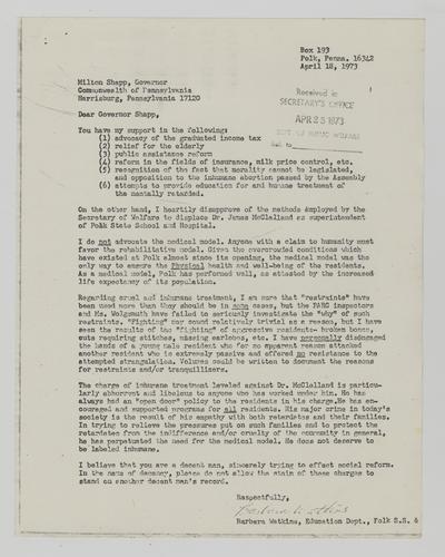 Letter from Barbara Watkins to Milton Shapp