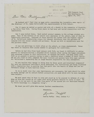 Letter from Luella Moffat to Helene Wohlgemuth