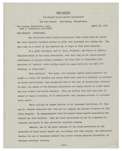 News Release from the Tri-County Mental Health Association