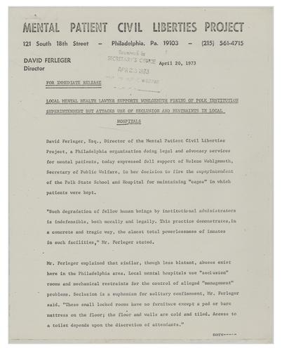 Press Release from the Mental Patient Civil Liberties Project