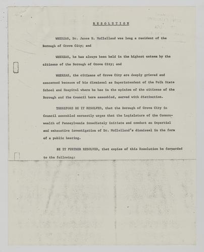 Resolution from the Borough of Grove City in Support of Dr. James McClelland