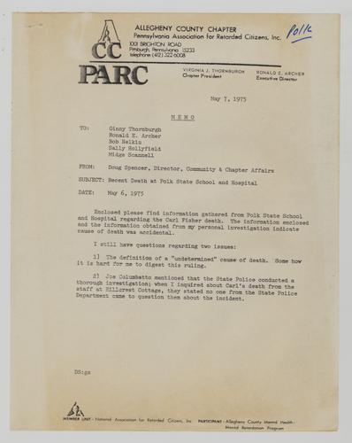 Memo Regarding Death of Carl Fisher