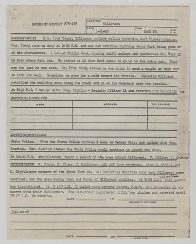 Incident Report for the Death of Carl Fisher