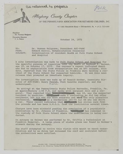 Investigation of the Death of Raymond Helman Letter