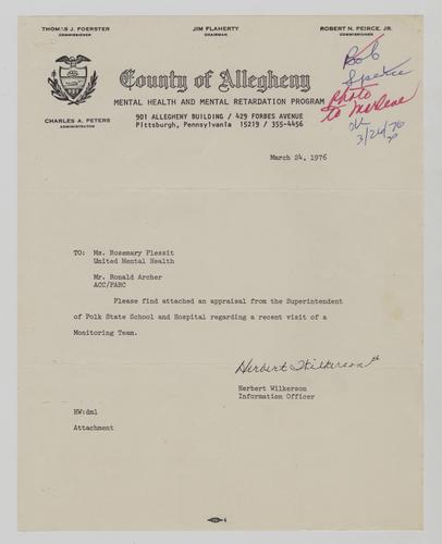 Nicholas D'Aluisio Response to 1976 Visit to Polk State School and Hospital