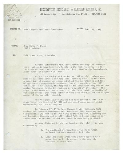 Patricia Clapp Memo to PARC Chapter Presidents and Executives