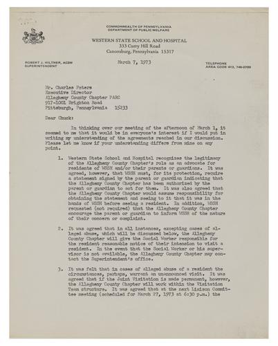 Letter from Robert Hiltner to Charles Peters