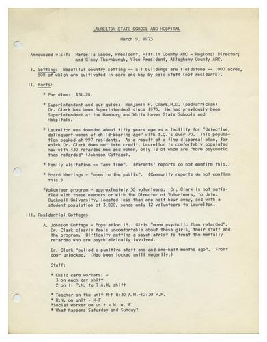 Report on Visit to Laurelton State School and Hospital