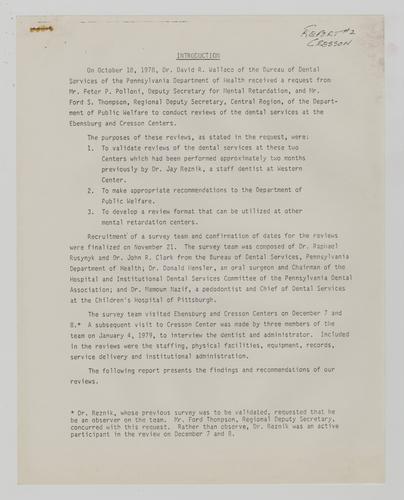 Department of Health Dental Review of Cresson Center