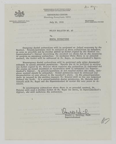 Ebensburg Center Dental Extractions Policy Bulletin