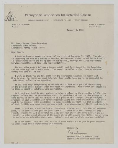Letter from Marlene Burda to Harry Herman