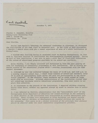 Letter to Charles Inlander