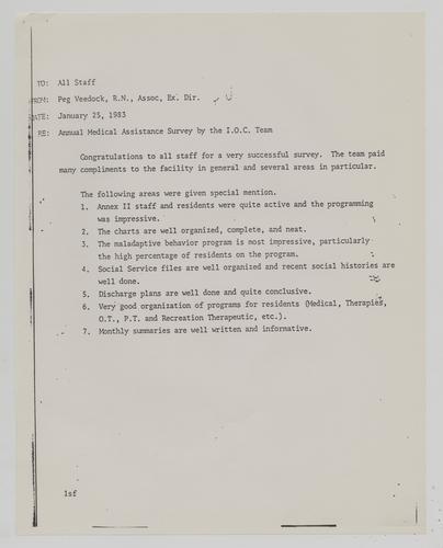 Memo from Peg Veedock to Highland Park Center Staff