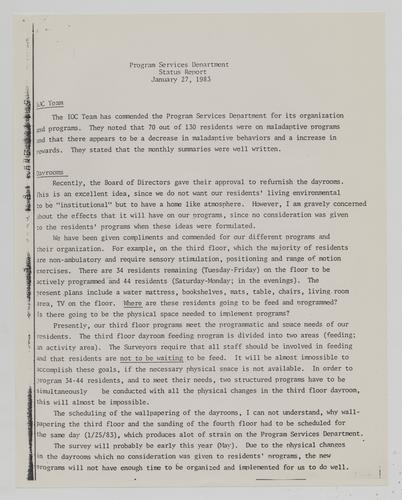 Highland Park Center Program Services Department Status Report