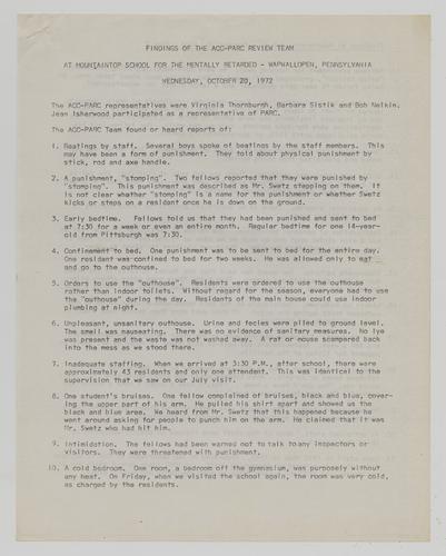 Findings of the ACC-PARC Review Team at Mountaintop School for the Mentally Retarded