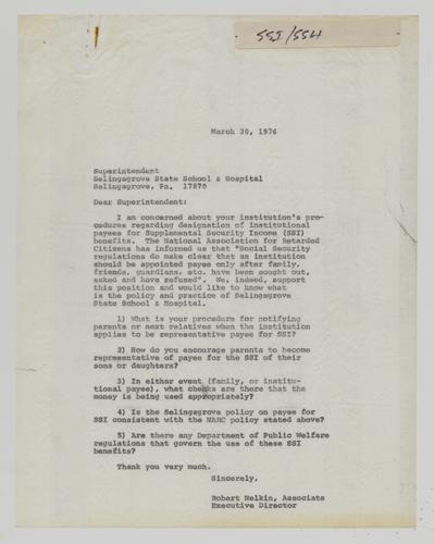 Bob Nelkin Letter Regarding Supplemental Security Income Benefits at Selinsgrove State School and Hospital