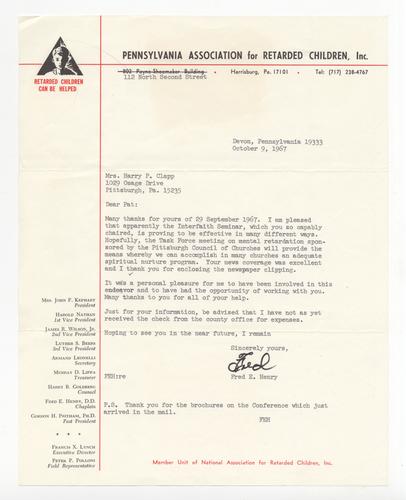 Fred Henry Letter to Pat Clapp