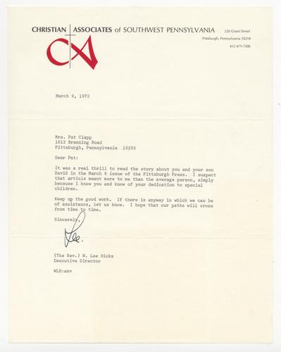 Reverend W. Lee Hicks Letter