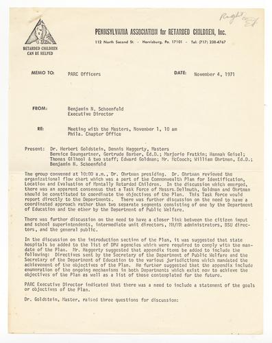 Ben Schoenfeld Memo Regarding Meeting with the Masters