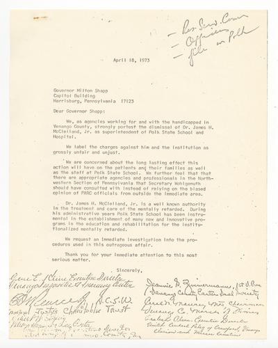 McClelland Support Letter to Governor Shapp