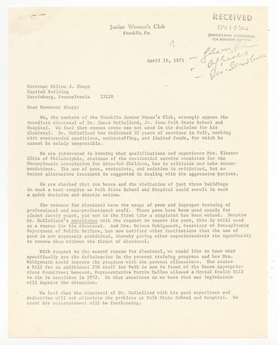 Franklin Junior Woman's Club Letter to Governor Shapp