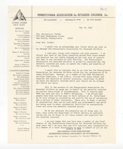 Letter to Marjorie Felder