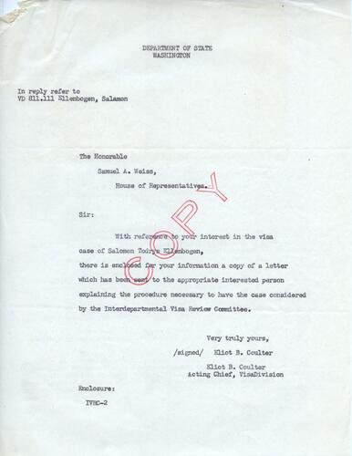 Letter from Eliot Coulter to Samuel Weiss