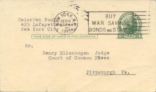Letter from Heinrich Fonfe to Henry Ellenbogen
