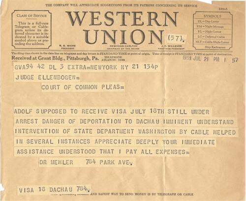 Telegram from Leopold Mehler to Henry Ellenbogen