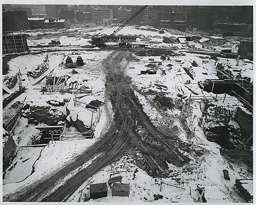 Civic Arena site in snow with crane (2)