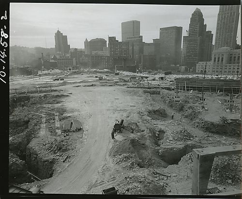 Civic Arena construction site, facing downtown
