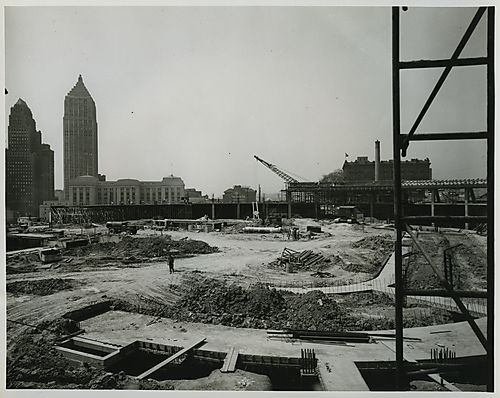 Civic Arena construction site, facing west