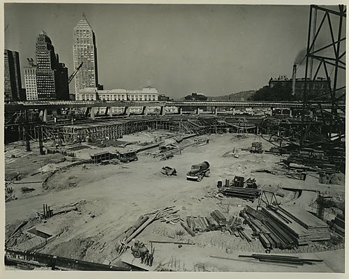 Construction of Civic Arena support beams