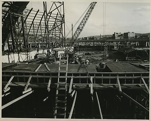 Construction of Civic Arena's dome and outer walls
