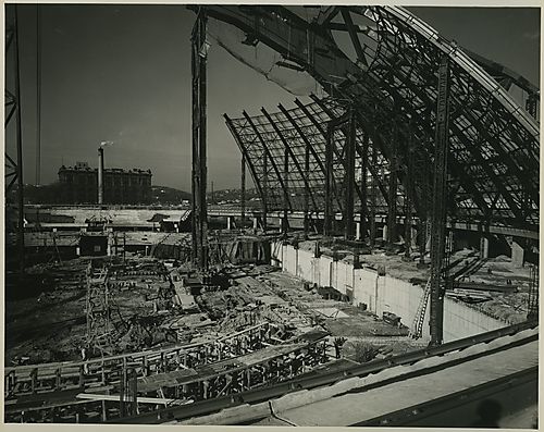 Construction of the eastern side of the Civic Arena's dome 
