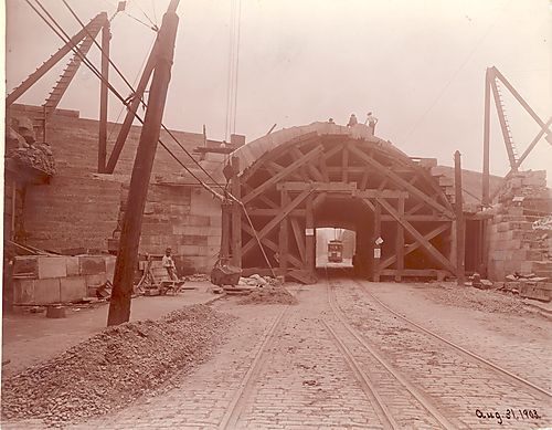 Trolley car approaching the bridge